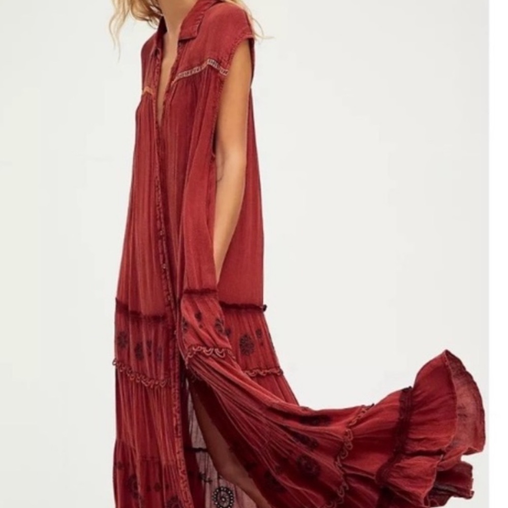 Free People Pretty Cozy Maxi Dress Brown M Rust Boho Embroidered Bohemian